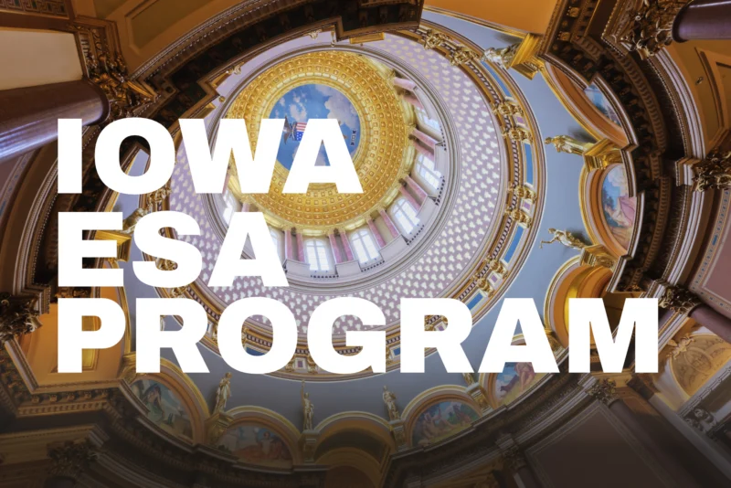Iowa State Capitol rotunda dome viewed from below, with bold white text reading IOWA ESA PROGRAM.