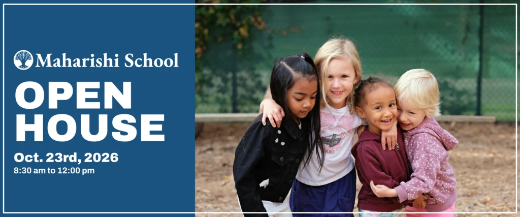 open house notice, four young students hugging and smiling